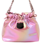 Class and shine meets everyday style with our Hello Kitty Pink Metallic Ribbon Shoulder Bag! This limited edition bag features a stunning silvery metallic finish that changes color at different angles, and is adorned with elegant ribbon details and an adorable Hello Kitty charm. The practical drawstring cinch closure keeps your belongings secure while maintaining easy access. Perfectly sized for daily essentials and featuring a comfortable shoulder strap, this bag combines functionality with kawaii flair.