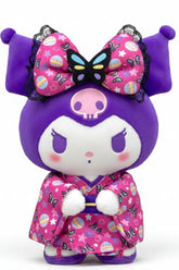 The Purple Butterfly Floral Kimono Kuromi Plushie is a unique addition to Sanrio's limited edition kimono series. Traditional Japanese clothing styles and prints merge with the modern day loveable, sassy character of Kuromi. The lovely gentility of spring exudes in this funky classic.
The combination of deep purple and hot pink compliments each precisely. The black lace-lined bow is topped with a striking butterfly applique. An embroidered skull icon along with pensive facial expression, which shows Kuromi