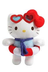 Make a splash with the Sanrio Summer Poolside Fun Hello Kitty Plushie! This adorable limited edition plush features Hello Kitty ready for the cutest pool day ever, complete with heart-shaped sunglasses, a sporty little cap, and a red-and-white pool float around her waist.
