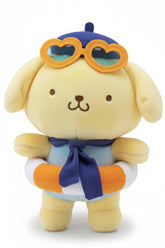 Make a splash with the Sanrio Summer Poolside Fun Pompompurin Plushie! This adorable limited edition plush features Pompompurin ready for the cutest pool day ever, complete with heart-shaped sunglasses, a sporty little cap, and an orange-and-white pool float around his waist.