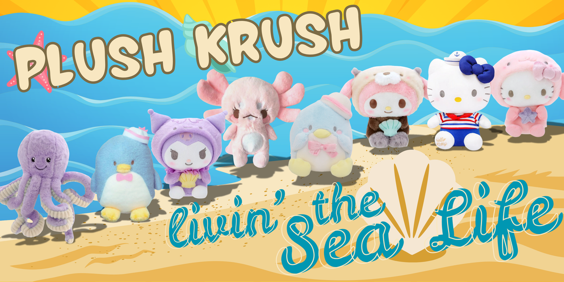 Life at sea or under the sea, our aquatic themed collection at Plush Krush brings you cheerful Sanrio characters dressed as sailors, jellyfish, axolotls, and sea otters, as well as sensory toys like natural play doughs in mermaid and underwater themes