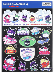 Get ready to roll with your favorite Sanrio characters on wheels! This vibrant sticker sheet features beloved characters Kuromi, Pochacco, Bad Badtz Maru, Pompompurin, Hello Kitty, My Melody, and Cinnamoroll in cool skateboarding poses. Each sticker showcases the characters in colorful, action-packed designs that capture the fun and excitement of skateboarding.