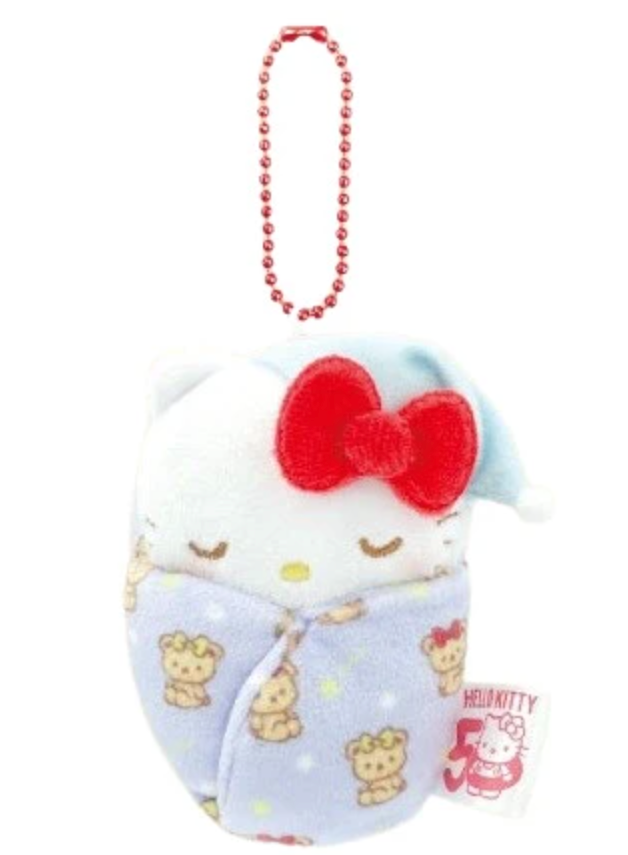 Snuggle Baby Blue Hello Kitty Sleeping in Swaddle Blanket Plush Keychain