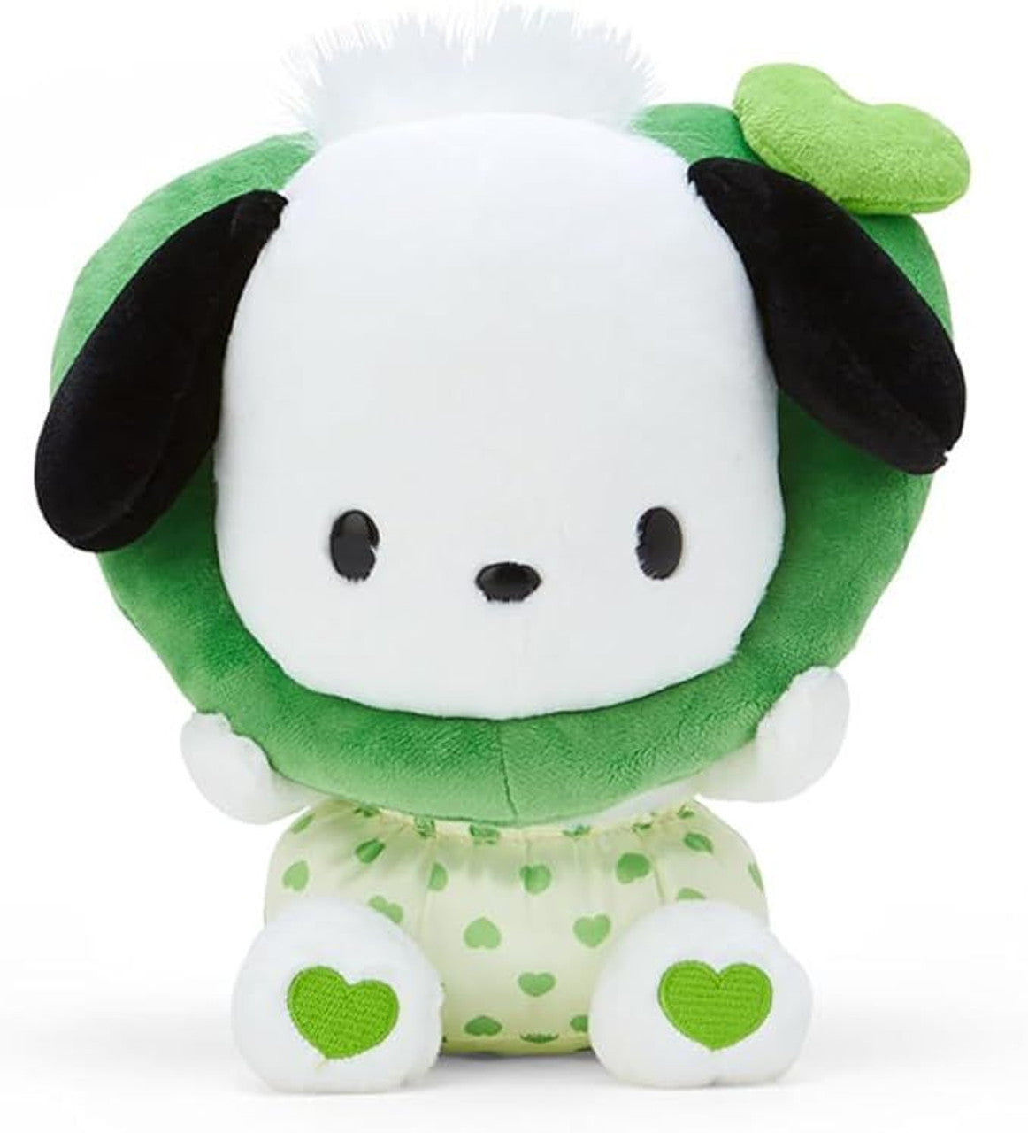 This adorable All Love Pochacco Colorful Hearts Green Plushie features a baby-like cuteness design that is simply irresistible. Its delightful appearance is sure to bring a smile to your face.

The wreathed heart around Pochacco's head makes his smile even sweeter and snugglier. This charming detail adds an extra touch of warmth and love to the Sanrio doggie. You'll love cuddling up with this soft and huggable friend.
