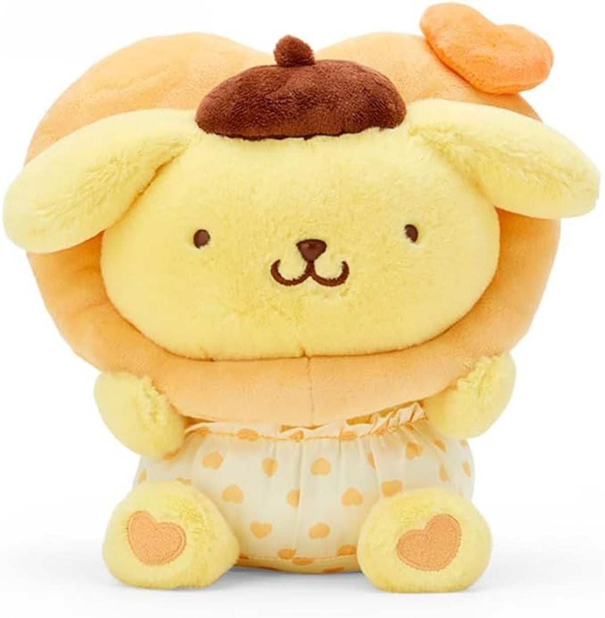 This adorable All Love Pompompurin Colorful Hearts Yellow Plushie features a baby-like cuteness design that is simply irresistible. Its delightful appearance is sure to bring a smile to your face.

The wreathed heart around Pompompurin's head makes his smile even sweeter and snugglier. This charming detail adds an extra touch of warmth and love to the Sanrio doggie. You'll love cuddling up with this soft and huggable friend.