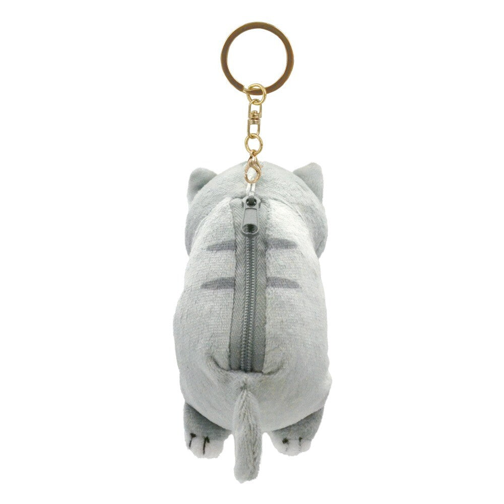 Neko Cat Zippered Pouch Plush Keychain, Grey Stripe