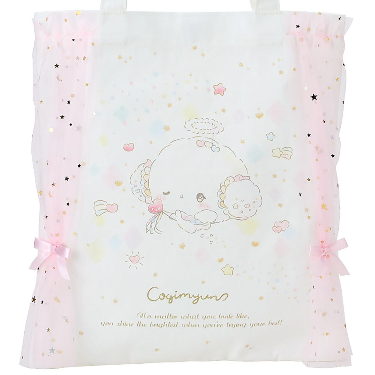 With it's uplifting message, "No matter what you look like, you shine the brightest when you're trying your best!" this rare Angel Cogimyun Shine Bright Tote Bag is a true treat! It features the rarely seen Sanrio character, Cogimyun, as a lovable angel holding a wand&nbsp; and spreading joy among an uplifting background of shooting stars and hearts. Veil-like curtains held by pink bows add an extra touch of sweet femininity!