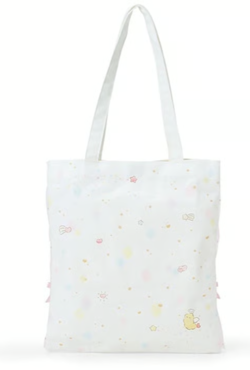 With it's uplifting message, "No matter what you look like, you shine the brightest when you're trying your best!" this rare Angel Cogimyun Shine Bright Tote Bag is a true treat! It features the rarely seen Sanrio character, Cogimyun, as a lovable angel holding a wand&nbsp; and spreading joy among an uplifting background of shooting stars and hearts. Veil-like curtains held by pink bows add an extra touch of sweet femininity!