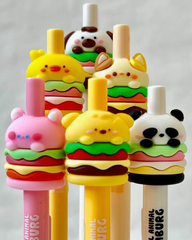 These amazingly cute Animal Burger Kawaii Fine Tip Gel Pens use a thick, opaque gel-based ink, combining the permanence of oil-based ballpoint ink with the smooth glide of water-based ink. A gel pen is the best solution when writing or illustrating on dark or slick surfaces, and having an ultra friendly lil burger buddy to keep you company while you work is always a great idea