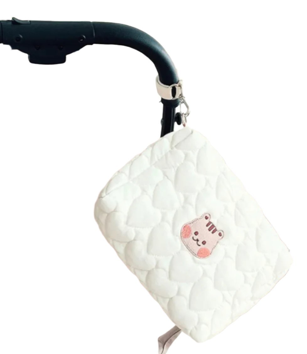 Kawaii and Perfect for organizing cosmetics, quilted, toiletries, or travel essentials, it offers ample space and a secure zipper closure to keep your items neatly stored and accessible. The baby carriage attachment adds an extra layer of convenience, allowing you to attach it to strollers or carry it comfortably by hand.