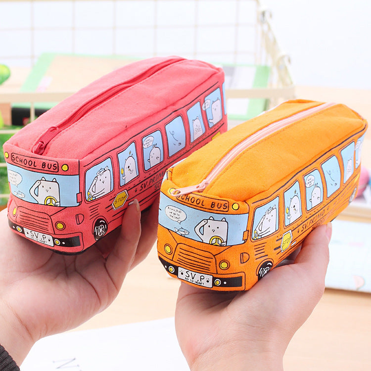 the Animal School Bus Canvas Pencil Case. One thing that's definitely going on is your pencils, pens, erasers and other items are being stored in style.&nbsp;  Reach for this adorable, large capacity pouch when you're ready to sketch, study, work or all of the above. Use it to store other things, too, like cosmetics and even small snacks.