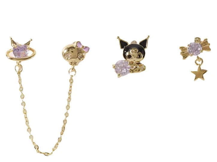 Embrace your edgy side with the Asymmetrical Loop Chain Kuromi Earring Set! Featuring the mischievous and stylish Kuromi from Sanrio, this gold-plated earring set is perfect for adding a touch of character to your jewelry collection. The unique asymmetrical design, paired with delicate loop chains, cute ziconia studs, and sweet dangle piece, creates a bold yet playful look that’s sure to make a statement.