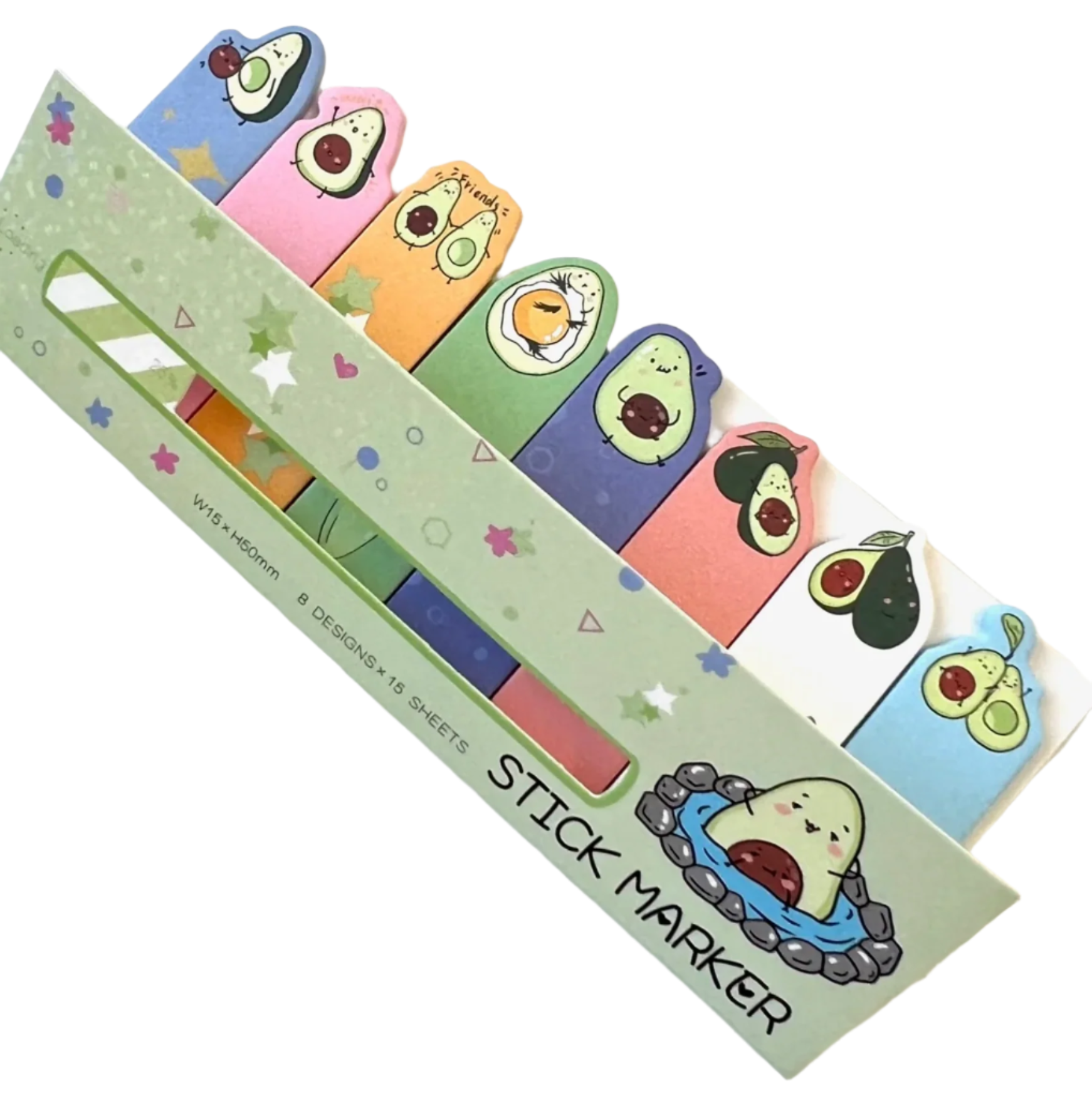 These little Avocado Buddy Kawaii Sticky Index Notes are a delightful and perfect way for literally ‘keeping tabs’ on your life! Just right for students from elementary, high school, to college, or for anyone who wants to stay organized, mark notes, set daily reminders, or keep your place in a book or ‘zine!