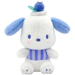 This adorable plushie dons a fruit hat with a dollop of cream and is dressed in a coordinating striped get-up. Bold colors mixed with soft hues add to its cute and cuddly appearance. Pochacco Berries n Cream Blueberry Stuffed animal