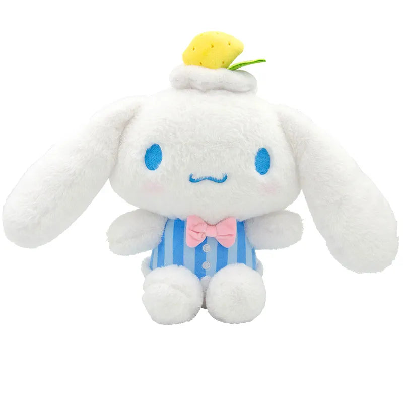 Berries 'n Cream Citrus Cinnamoroll Plushie! This adorable plushie dons a fruit hat with a dollop of cream and is dressed in a coordinating striped get-up. Bold colors mixed with soft hues add to its cute and cuddly appearance.