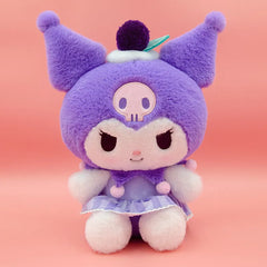 Berries 'n Cream Grape Kuromi Plushie! This adorable plushie dons a fruit hat with a dollop of cream and is dressed in a coordinating striped get-up. Bold colors mixed with soft hues add to its cute and cuddly appearance.