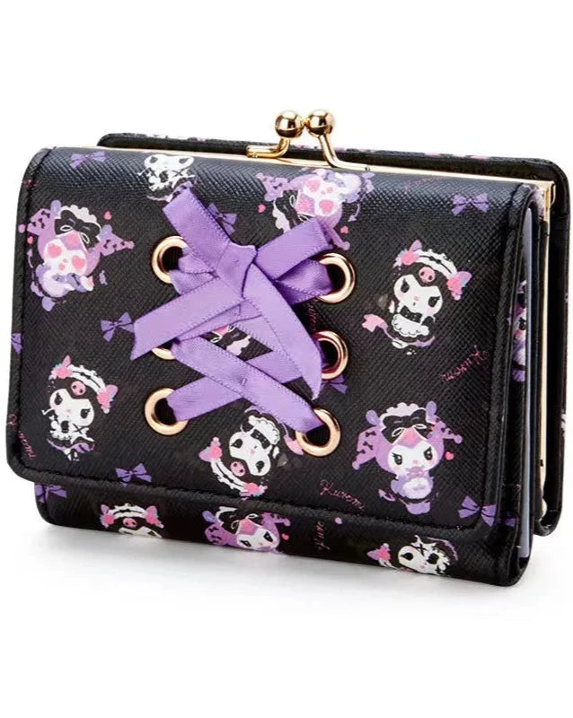 Add a touch of edgy charm to your daily essentials with this Black Ribbon Corset Kuromi Print Wallet! Perfect for fans of the sassy Sanrio character, Kuromi, this wallet is as functional as it is cute.

Featuring Kuromi in a daring ribbon corset design, the wallet is accented with a stylish gold clasp, giving it a chic, feminine look.

Made from durable synthetic leather, with multiple compartments for cards, cash, and coins.