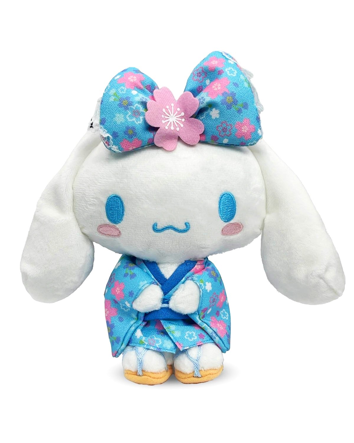 Presenting the beloved Cinnamoroll in high quality plush form, decked in traditional Japanese blue cherry blossom kimono and matching sakura bow.  Sanrio collectors, grab this special Cherry Blossom Kimono Cinnamoroll Plushie