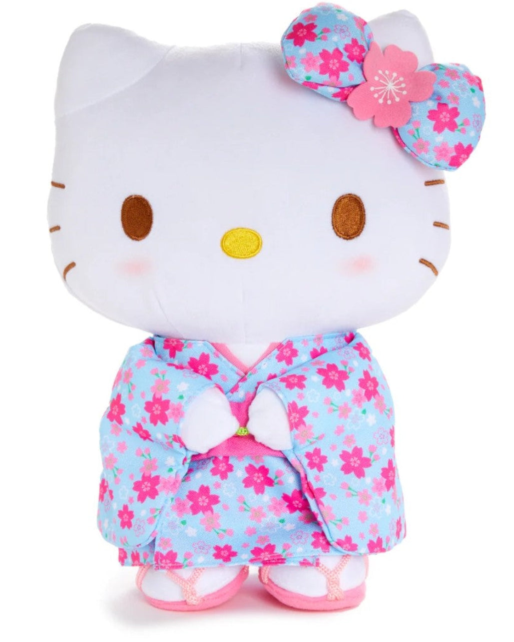 The legendary Hello Kitty appears in many forms and never disappoints. Presented here as a high quality plush, Hello Kitty’s traditional Japanese cherry blossom kimono and matching sakura bow will charm owners for years to come.  Sanrio collectors, grab this special Blue Cherry Blossom Kimono Hello Kitty Plushie Stuffed Animal