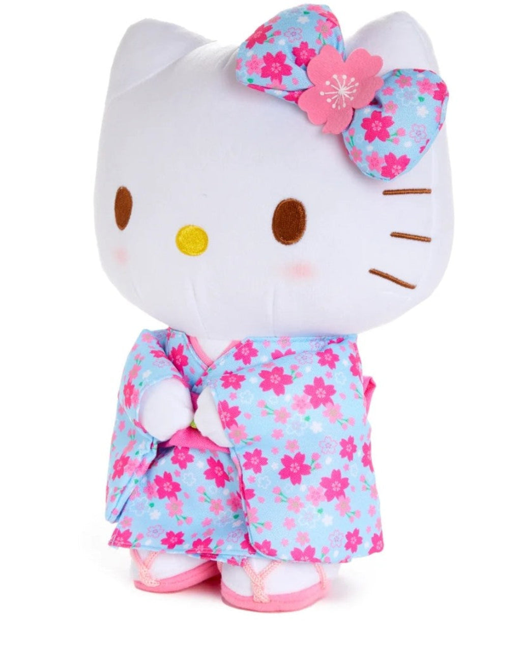 The legendary Hello Kitty appears in many forms and never disappoints. Presented here as a high quality plush, Hello Kitty’s traditional Japanese cherry blossom kimono and matching sakura bow will charm owners for years to come.  Sanrio collectors, grab this special Blue Cherry Blossom Kimono Hello Kitty Plushie Stuffed Animal