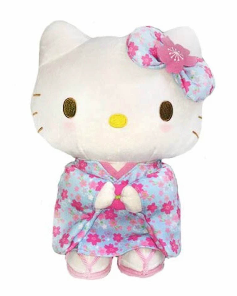 The legendary Hello Kitty appears in many forms and never disappoints. Presented here as a high quality plush, Hello Kitty’s traditional Japanese cherry blossom kimono and matching sakura bow will charm owners for years to come.  Sanrio collectors, grab this special Blue Cherry Blossom Kimono Hello Kitty Plushie Stuffed Animal