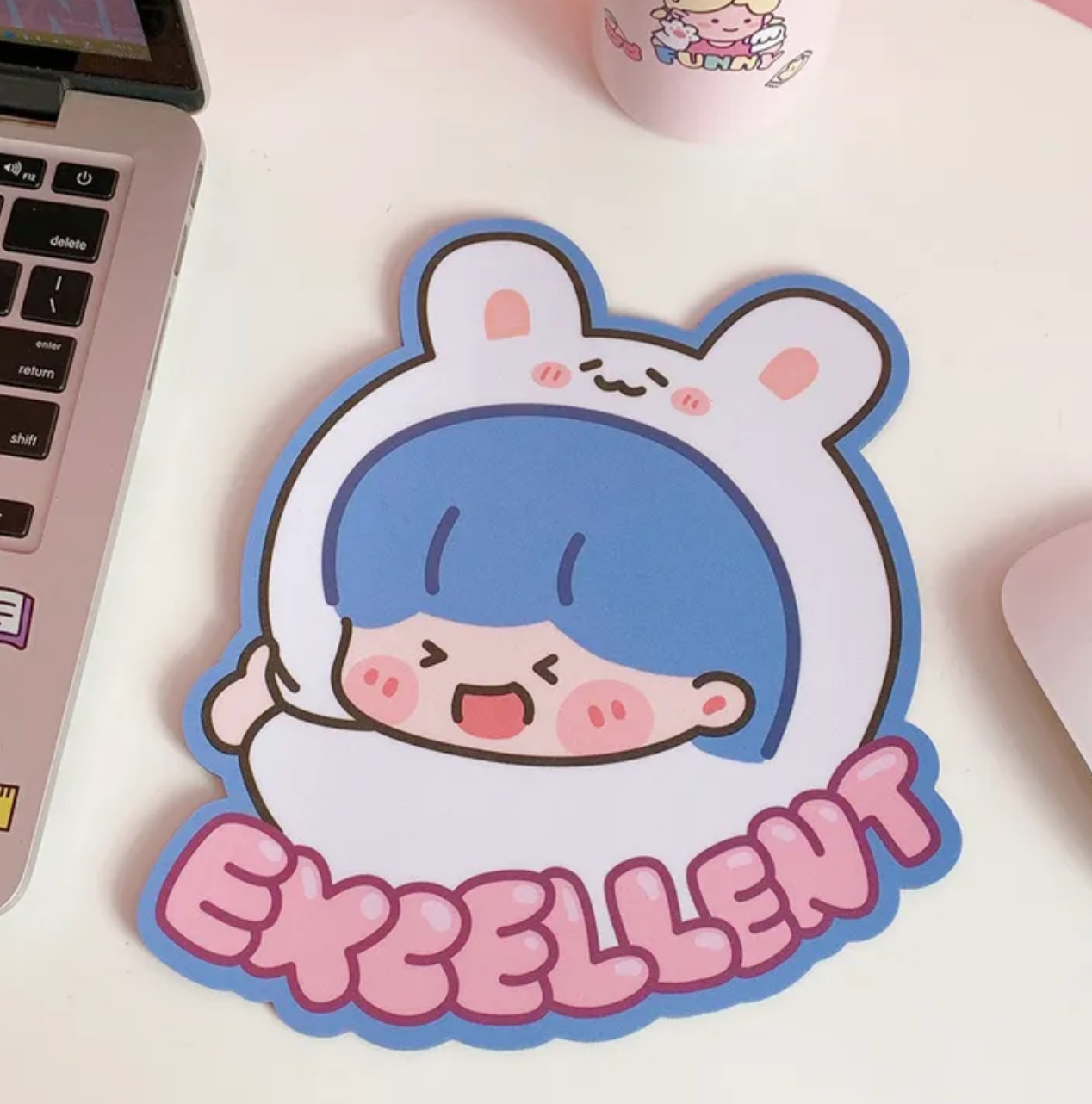 The Blue Hair Bunny Girl Kawaii Mouse Pad brings an encouraging word to your computer activities, work, school or otherwise.