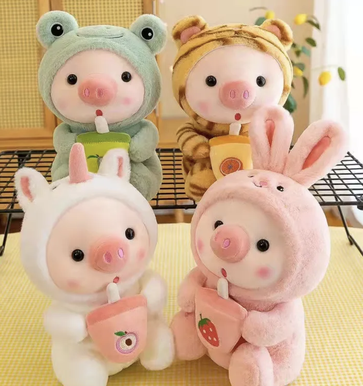 As if chubby pigs with round black eyes and flushing cheeks weren’t enough to make you squeal, these cuties are also in disguise and drinking boba!  With high quality touches, like embroidered boba cups, nothing was held back on these Boba Pigs Plushies in Disguise Kawaii stuffed animals