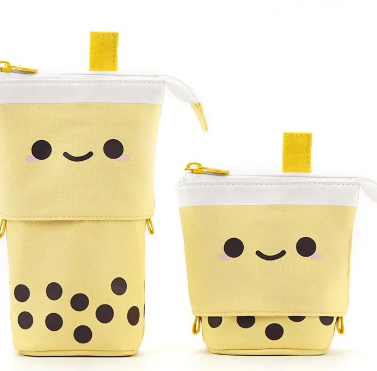 The Boba Tea Kawaii Style Pencil Cases also demonstrate a unique feature, where the top part of the "cup" pulls down to display more of the items inside. An attached loop and zip closure make it portable as ever. Use it for other items, too, like glasses and make-up- korean style, kawaii