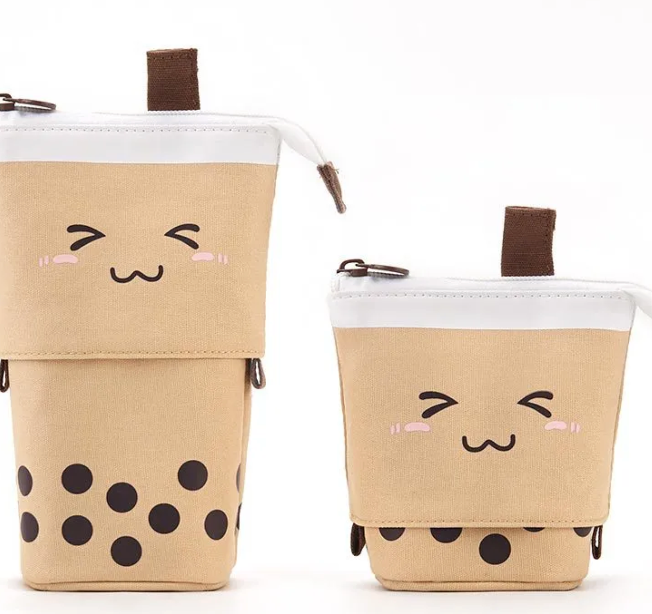 The Boba Tea Kawaii Style Pencil Cases also demonstrate a unique feature, where the top part of the "cup" pulls down to display more of the items inside. An attached loop and zip closure make it portable as ever. Use it for other items, too, like glasses and make-up- korean style, kawaii