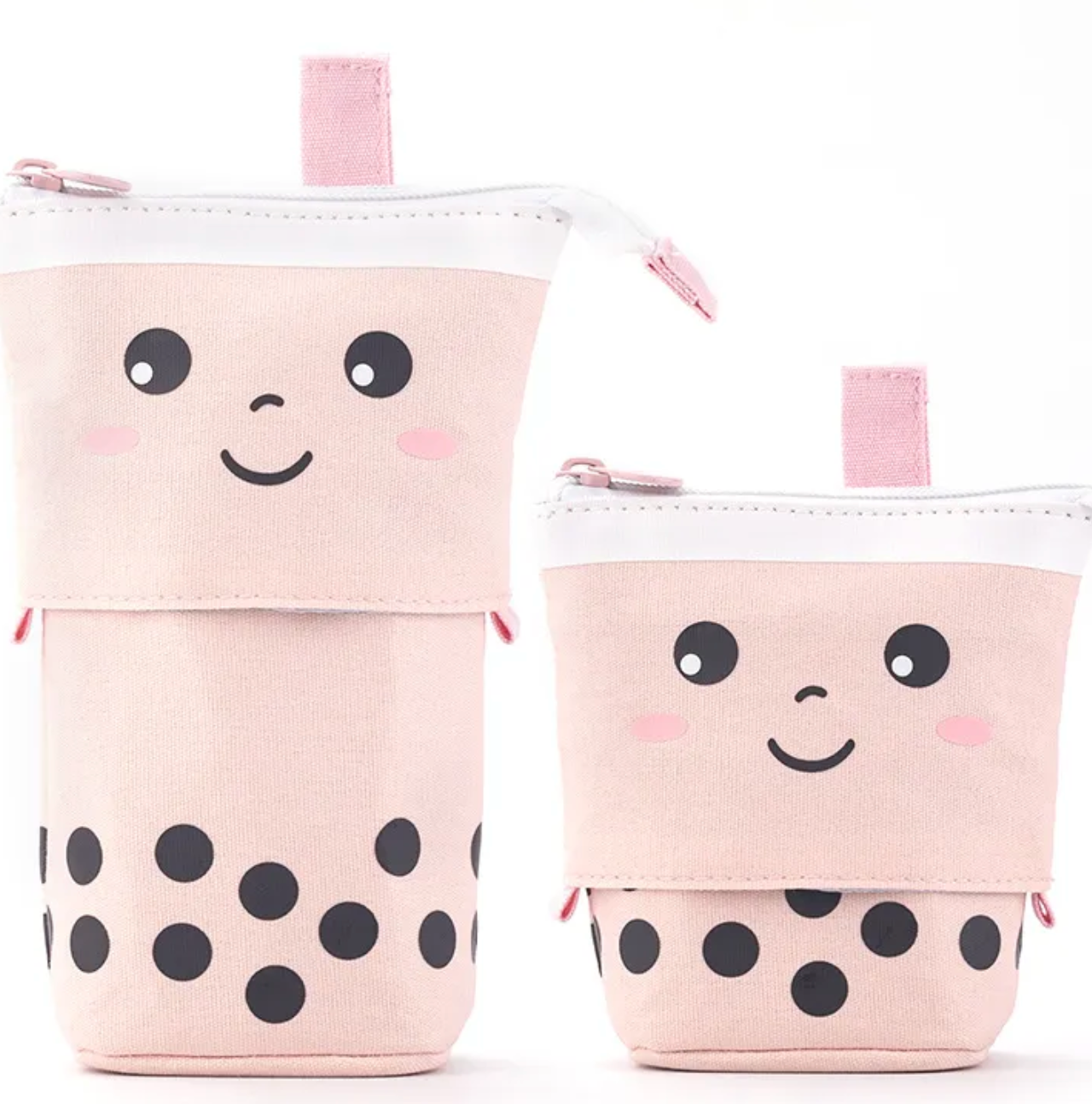 The Boba Tea Kawaii Style Pencil Cases also demonstrate a unique feature, where the top part of the "cup" pulls down to display more of the items inside. An attached loop and zip closure make it portable as ever. Use it for other items, too, like glasses and make-up- korean style, kawaii