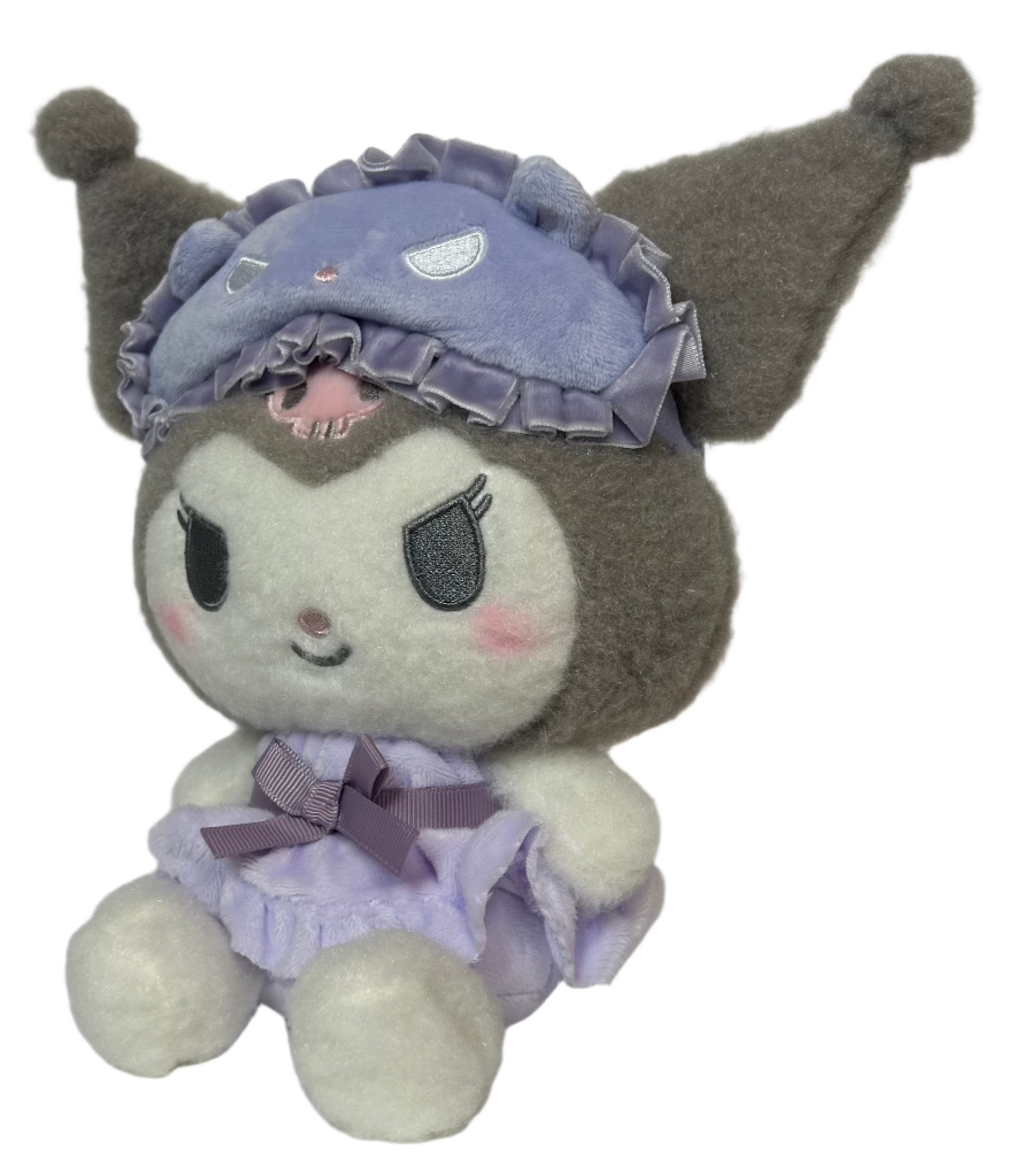 Sanrio's feisty favorite, Kuromi, is stylishly ready for bed! The Bow Pajamas + Mascot Sleep Mask Kuromi Plushie features a sweet center bow, ruffled nightie and an attached tapir-shaped sleep mask (It's Baku!) Soft fabrics make this huggable plush perfect for nighttime snuggles.