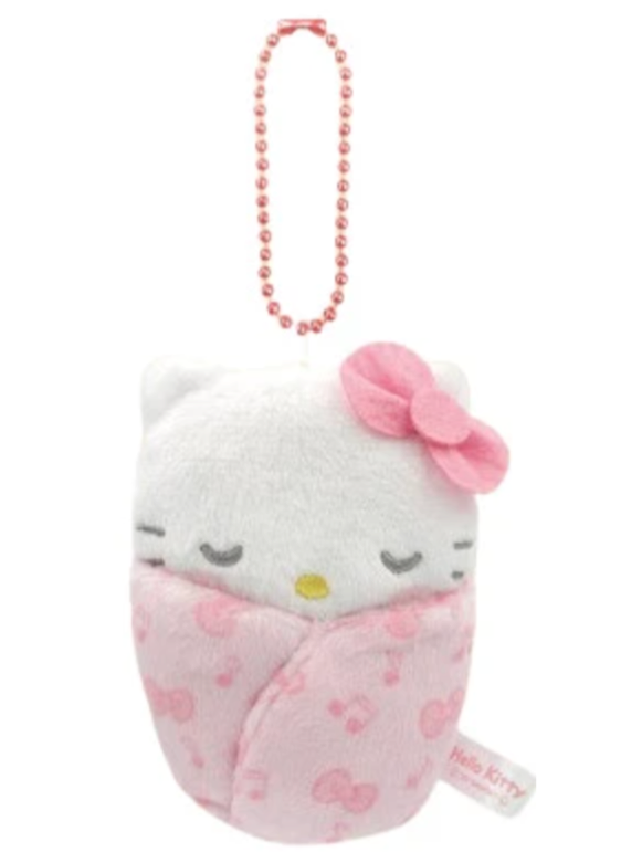 Snuggle Baby Pink Hello Kitty Sleeping in Swaddle Blanket Plush Keychain