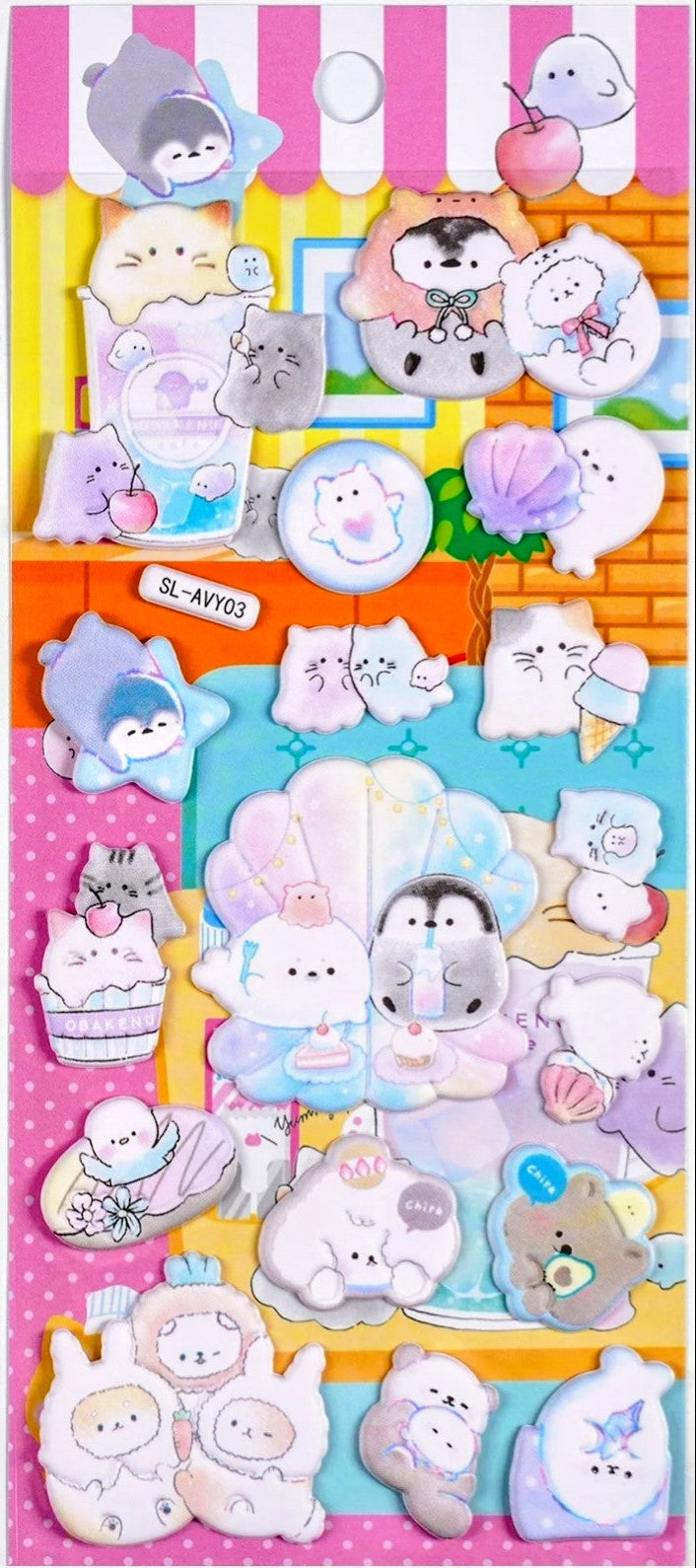 Turn anything into a pastel kawaii dream with this adorable Cozy Cafe Big Puffa Kawaii Puffy Sticker Sheet! This set features a super cute collection where adorable pets hang out in a cute cafe environment ! From fluffy penguins, sweet treats and playful kitties to cozy comfort-food goodies, every little detail is bursting with personality!