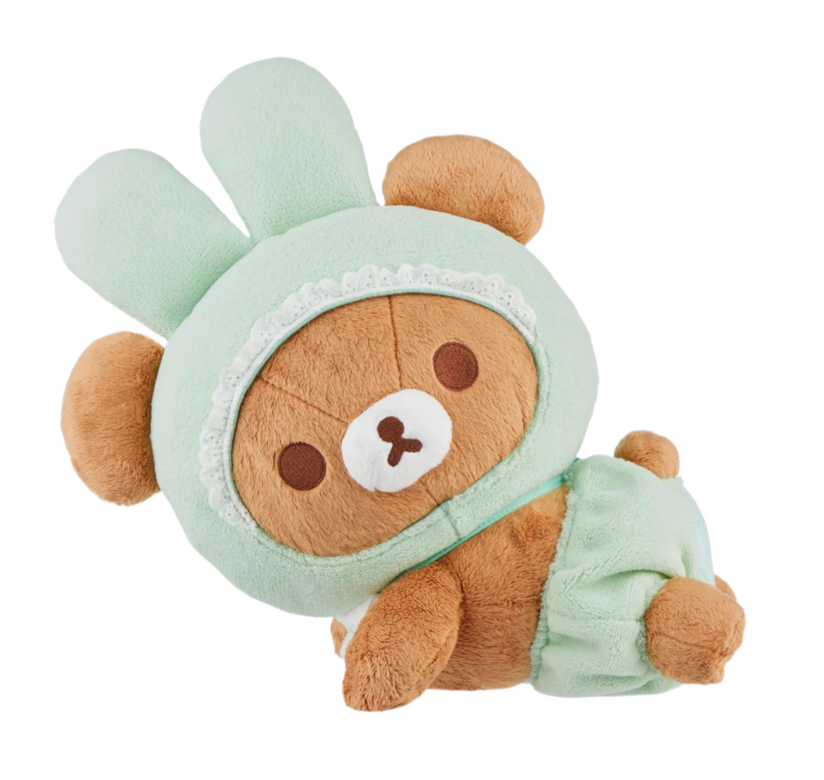 Adopt the lovable Rilakumma Chairoikoguma Bunny Baby Plushie from the Minna de Usauababy Series! Dressed in an enchanting pastel green baby bunny outfit, complete with a sweet white bib embroidered with "GAOO!", this plushie is the epitome of kawaii.