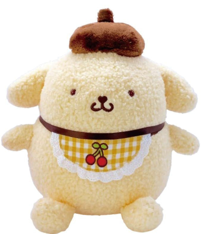 Meet the irresistible Cherry Yellow Check Baby Pompompurin Plushie! It's giving retro-vibes as a charming and ultra-soft version of your favorite golden retriever character from Sanrio, simply dressed in the cutest uellow bib with an adorable embroidered cherry on a yellow checkered pattern.