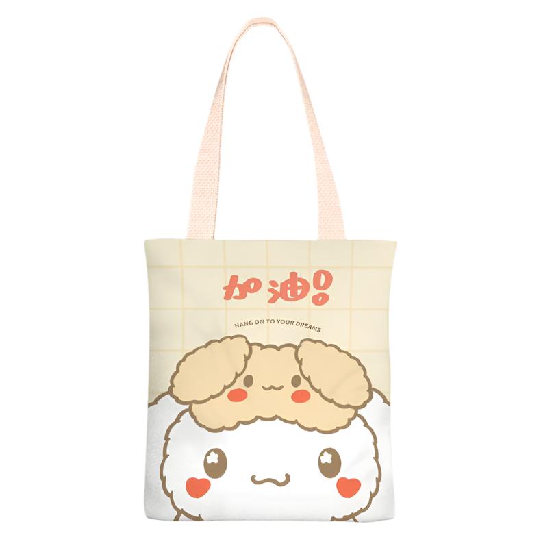 The "Hang Onto Your Dreams" Cinnamoroll Sleep Mask Canvas Tote features a dreamy design with Cinnamoroll sporting a cute sleep mask, reminding you to hang onto your dreams wherever you go.