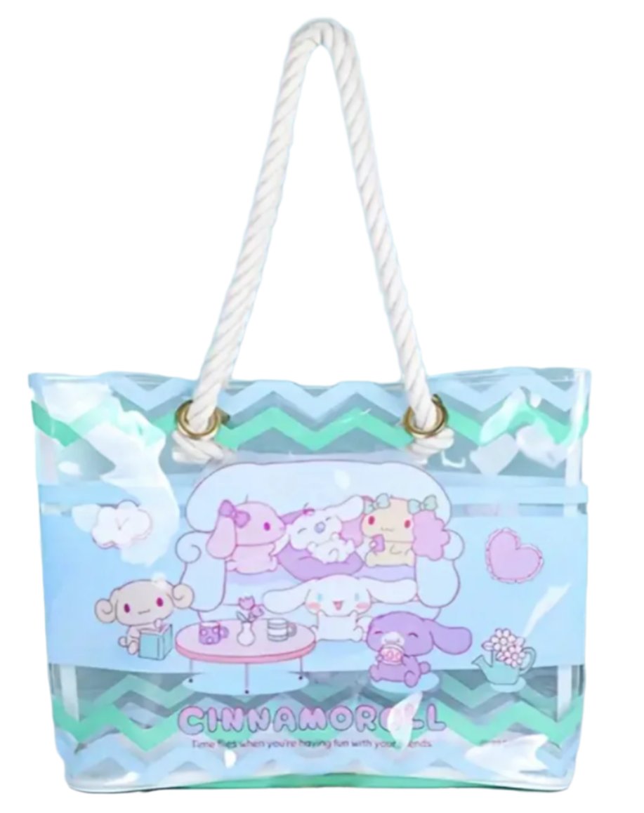 The transparent Cinnamoroll &amp; Friends Clear Shoulder Bag featuring a trendy rope handle and showcases everyone’s favorite floppy-eared pup, Cinnamoroll, with soft pastel details and an airy, see-through design to display your essentials in style. The durable, clear PVC material keeps your items safe while adding a fun, modern twist to your accessories.&nbsp;The message "Time flies when you’re having fun with your friends" as Cinnamoroll lounges at home with his pals is endearing and super relatable!