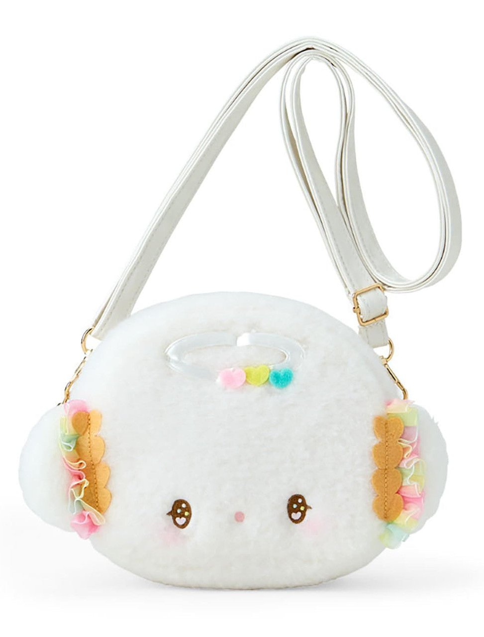 This rare Cogimyun Angel Dance Party Pochette Purse is a true treat! It features the rarely seen Sanrio character, Cogimyun, as a lovable angel with a heart-adorned halo. Ruffles at her ears, rosy pink cheeks, and sparkling heart eyes add an extra touch of sweet femininity! The zip closure features a gold sparkling heart that dangles and sways.