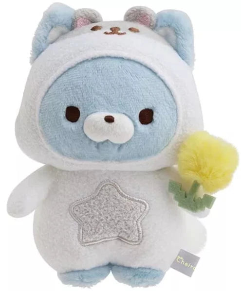 Awww... look at this amazing Dandelion Star Hamster Blue Wolf Plushie! He is an irresistibly cute plush that combines RIlakkuma the bear's hamster bestie sweetness with a playful wolf-inspired design! This unique plushie features the adorable hamster dressed in a cozy wolf onesie, complete with little wolf ears, and a fluffy tail. He holds an adorable dandelion tuft, and has a star embroidered on his belly that add a dreamy touch to his whole get-up.