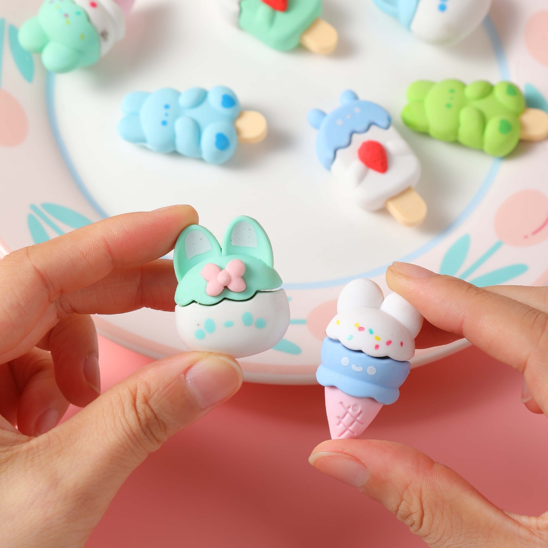 Soft pastels, sweets, and bunnies combine to make this Darling Dessert Bunny Erasers Set spectacular. Popsicles and ice cream cones topped with rabbit ears make erasing a delight. What a thoughtful little gift for that sweet tooth friend or family member of yours. The student, worker or artist who likes to sketch and erase with a smile in kawaii style will love this.