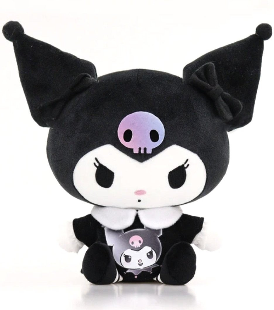 This plushie captures the essence of Kuromi's mischievous personality, dressed in an outfit reminiscent of a schoolgirl gothic but classic style. But what sets her apart is the bold statement of self-love: a picture of herself proudly displayed on her shirt.