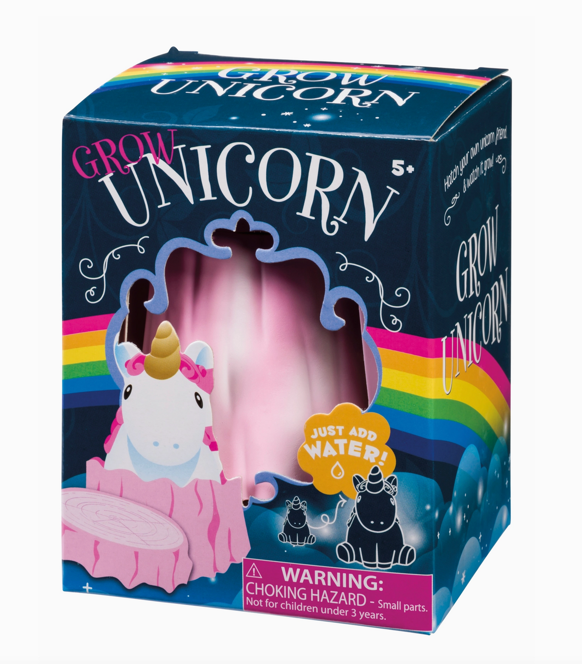 The Toysmith Grow Unicorn is a magical addition from Toysmith’s beloved Grow line of water-grow toys. Watch as this pink and white unicorn with a gleaming gold spiraled horn magically emerges from its bright pink tree stump when submerged in water. Squishy sensory unicorn toy