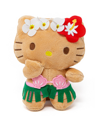 This Hang Loose Hello Kitty Hula Hawaiian Plushie&nbsp;is adorably dressed in a traditional Hula style grass skirt and sea-shell bikini top. Colourful island flowers adorn her hairline to complete a spirited and exuberant&ensemble! Trendy, hello kitty