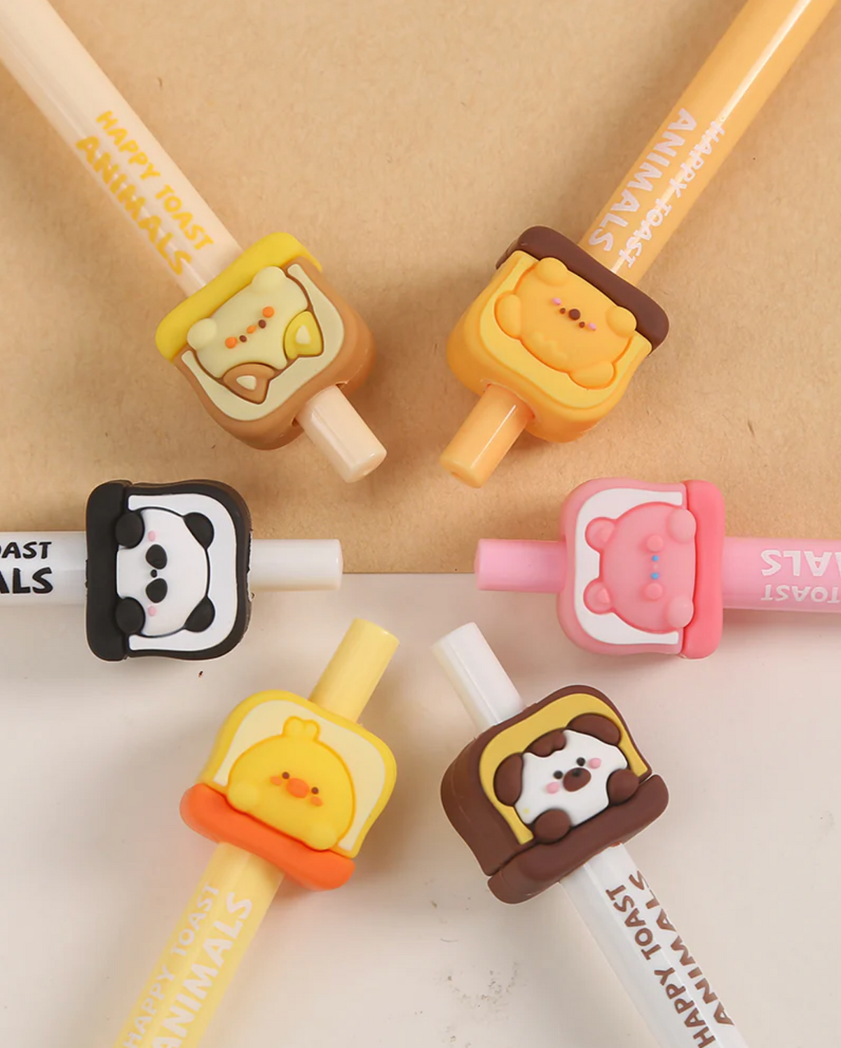 Happy Toast Animals Kawaii Fine Tip Gel Pens use a gel-based ink, combining the permanence of oil-based ballpoint ink and the smooth glide of water-based ink, in which pigment is suspended in a water-based gel, Kawaii stationary