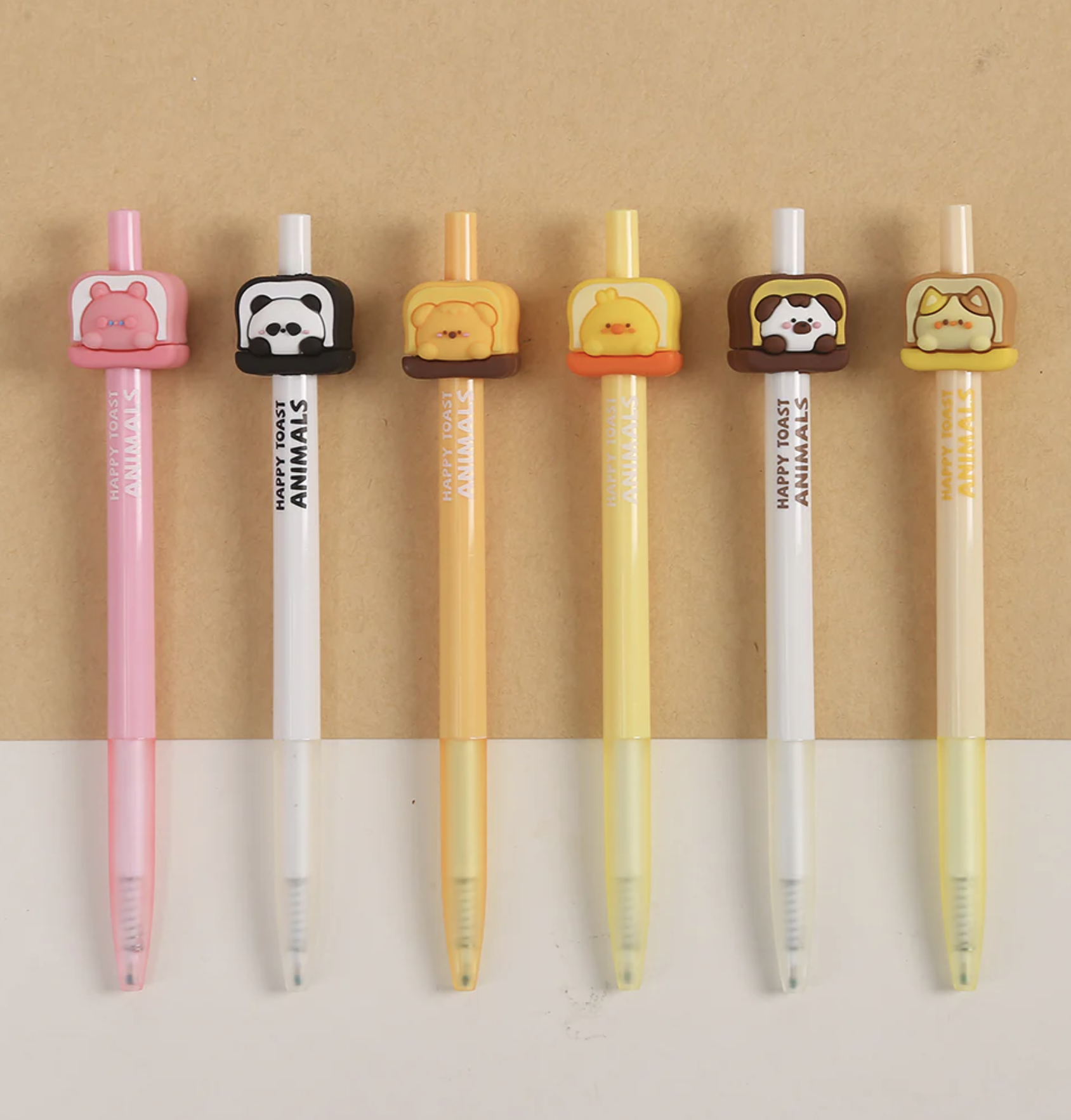 Happy Toast Animals Kawaii Fine Tip Gel Pens use a gel-based ink, combining the permanence of oil-based ballpoint ink and the smooth glide of water-based ink, in which pigment is suspended in a water-based gel, kawaii stationary