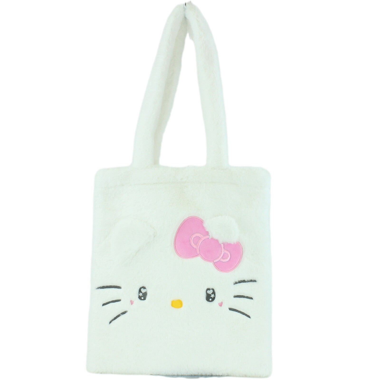 Sanrio’s soft Hello Kitty Fuzzy Feelings Tote Bag is functional and stylish. With a pair of sparkling chibi heart eyes and signature pink bow, plus sweet embroidered whiskers. Show your plush love while on the move.