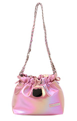 Class and shine meets everyday style with our Hello Kitty Pink Metallic Ribbon Shoulder Bag! This limited edition bag features a stunning silvery metallic finish that changes color at different angles, and is adorned with elegant ribbon details and an adorable Hello Kitty charm. The practical drawstring cinch closure keeps your belongings secure while maintaining easy access. Perfectly sized for daily essentials and featuring a comfortable shoulder strap, this bag combines functionality with kawaii flair. 