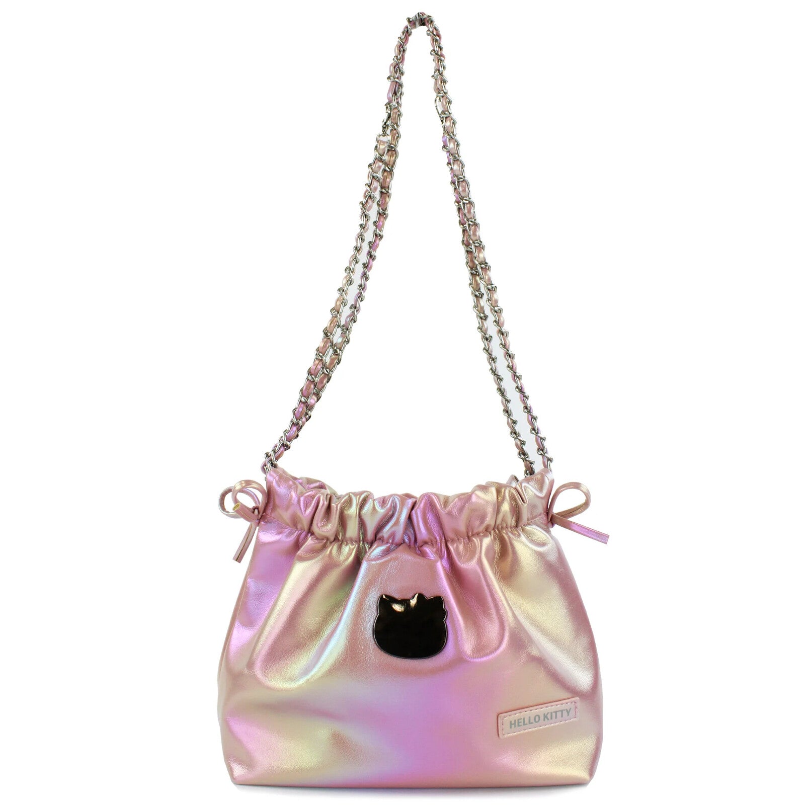 Class and shine meets everyday style with our Hello Kitty Pink Metallic Ribbon Shoulder Bag! This limited edition bag features a stunning silvery metallic finish that changes color at different angles, and is adorned with elegant ribbon details and an adorable Hello Kitty charm. The practical drawstring cinch closure keeps your belongings secure while maintaining easy access. Perfectly sized for daily essentials and featuring a comfortable shoulder strap, this bag combines functionality with kawaii flair. 