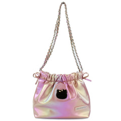 Class and shine meets everyday style with our Hello Kitty Pink Metallic Ribbon Shoulder Bag! This limited edition bag features a stunning silvery metallic finish that changes color at different angles, and is adorned with elegant ribbon details and an adorable Hello Kitty charm. The practical drawstring cinch closure keeps your belongings secure while maintaining easy access. Perfectly sized for daily essentials and featuring a comfortable shoulder strap, this bag combines functionality with kawaii flair. 