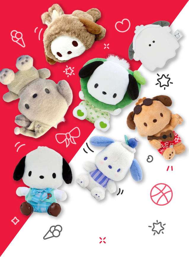 Pochacco goods at Plush Krush include Sanrio plushies in so many styles, Bedtime Pochacco, All Love Pochacco, Ukulele Hawaiian Pochacco, Schoolboy, Berries, Bunny, Ghost Pochacco and many more! Plus, Pochacco in bags,  stationery, pens, stickers, and hair pieces!